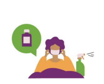 Color illustration of a person wearing a face mask with a spray bottle and cleaning icon