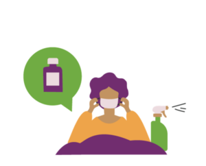 Color illustration of a person wearing a face mask with a spray bottle and cleaning icon