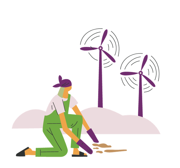 Color illustration of a person kneeling with wind turbines in the background.