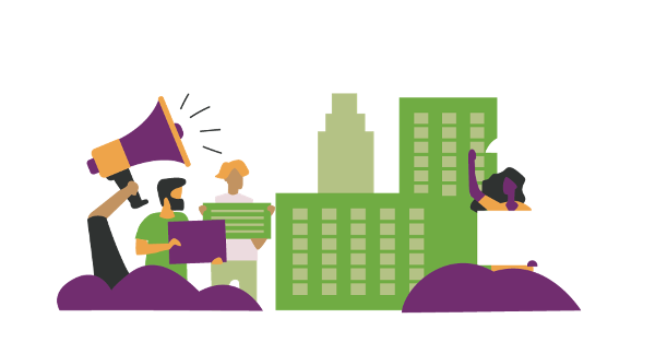 Color illustration of people protesting with signs and a megaphone in a city.