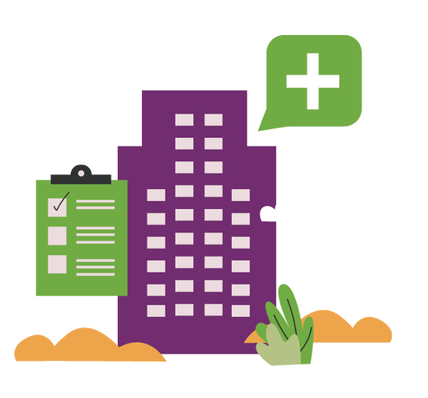 Color illustration of medical clipboard and hospital with a green cross bubble.